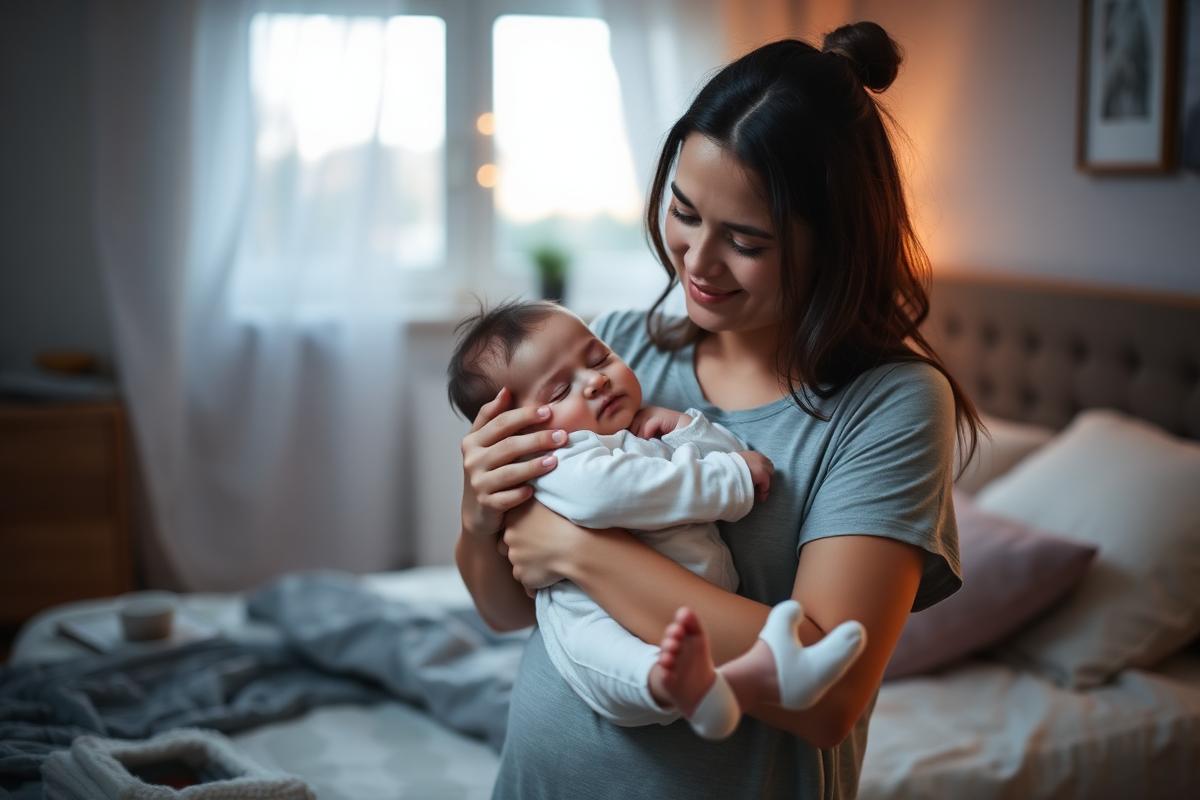 Mamá feliz con bebé dormido